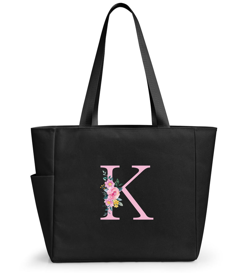 KALIDI Personalized Beach Tote Bag, Initial Alphabet Gift Zipper Grocery Bag for Mom Teacher Friend Wedding Daily Shopping, K