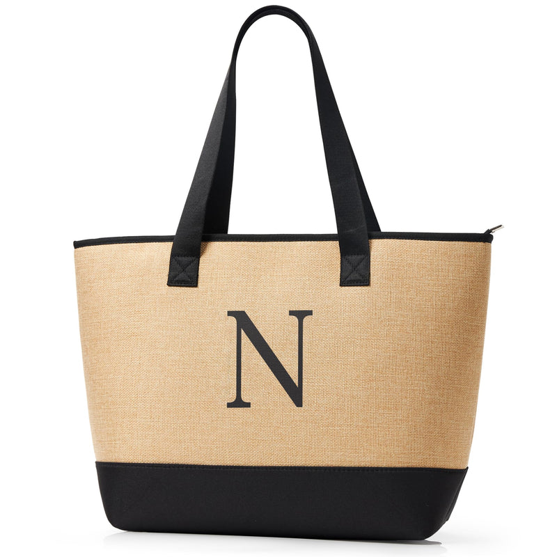 KALIDI Woven Tote Bag for Women, Lightweigh Monogram Beach Bag with Zipper & Sand-Proof Canvas Base, Personalized Gift