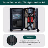 Nobl Travel Carry On Luggage, Noble Zipperless Aluminum Frame, 22.5x15x9.5, 360 Degree Spinner Wheels, TSA Locks, USB Charging Port, Cup & Phone Holder - Jet Black