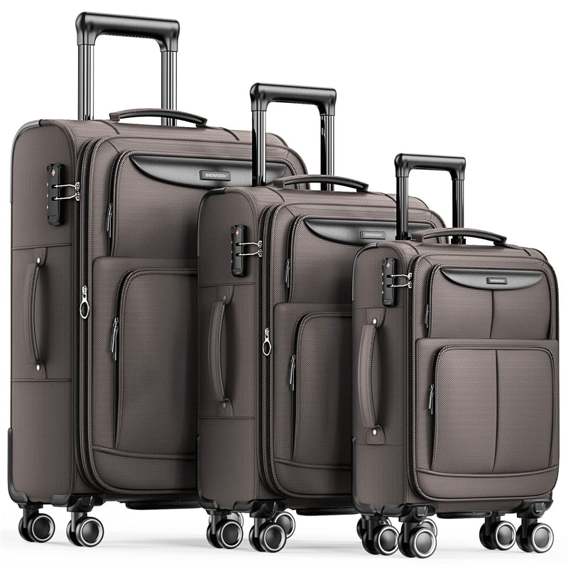 SHOWKOO Luggage Sets 3 Piece Softside Expandable Lightweight Durable Suitcase Sets Double Spinner Wheels TSA Lock Light Coffee (20in/24in/28in)