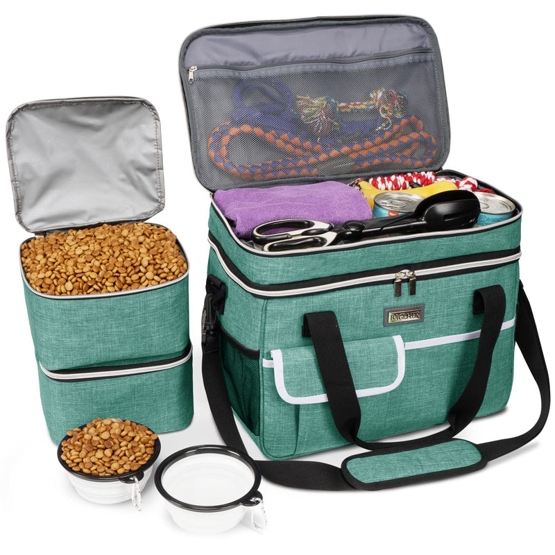 BAGLHER Dog Travel Bag for Supplies - Double-Layer Airline Approved Weekend Pet Travel Organizer Set for Dog and Cat Tote with 2 Pet Food Containers and 2 Collapsible Silicone Bowls Green