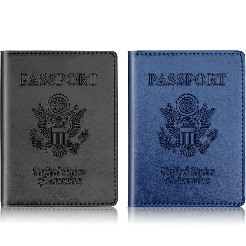 Herain Black & Dark Blue Passport Holder for Travel, Passport Cover Wallet Case 2 Pack Women Men Family Cruise Ship Essentials, Passports Book Holders Travel Vacation Must Haves
