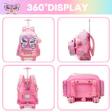 Meetbelify Rolling Backpack for Girls Backpacks with Wheels for Elementary Preschool Students 3 in 1 Carry on Travel Luggage Kids Suitcase with Lunch Box Pencil Case for Girls Age 8-10