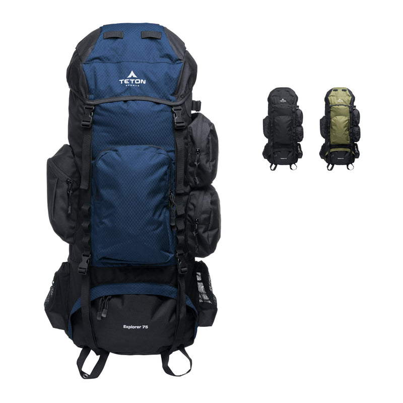 Teton 75L Explorer Internal Frame Backpack for Hiking, Camping, Backpacking, Rain Cover Included, Ocean