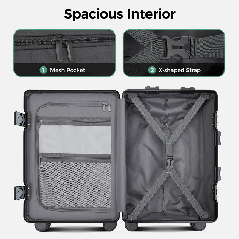 cllson Carry on Luggage Aluminium Frame with Cup Holder,Top opening Suitcases and USB Charging Port,Lightweight with Front Pocket Rolling Suitcases with Spinner Wheels (Black, 20Inch)