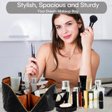 ALEXTINA Large Capacity Travel Cosmetic Bag - Portable Makeup Bags for Women Travel Toiletry Bag Waterproof Leather Checkered Makeup Organizer Bag for Travel Essentials, Open Flat Make up Bag, Black