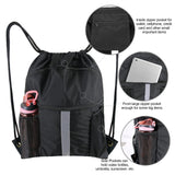 BeeGreen Drawstring Backpack Bag with Shoe Compartment, X-Large Black Gym Sports String Cinch Backpack, Athletic Sackpack with Front Inside Zipper Pockets