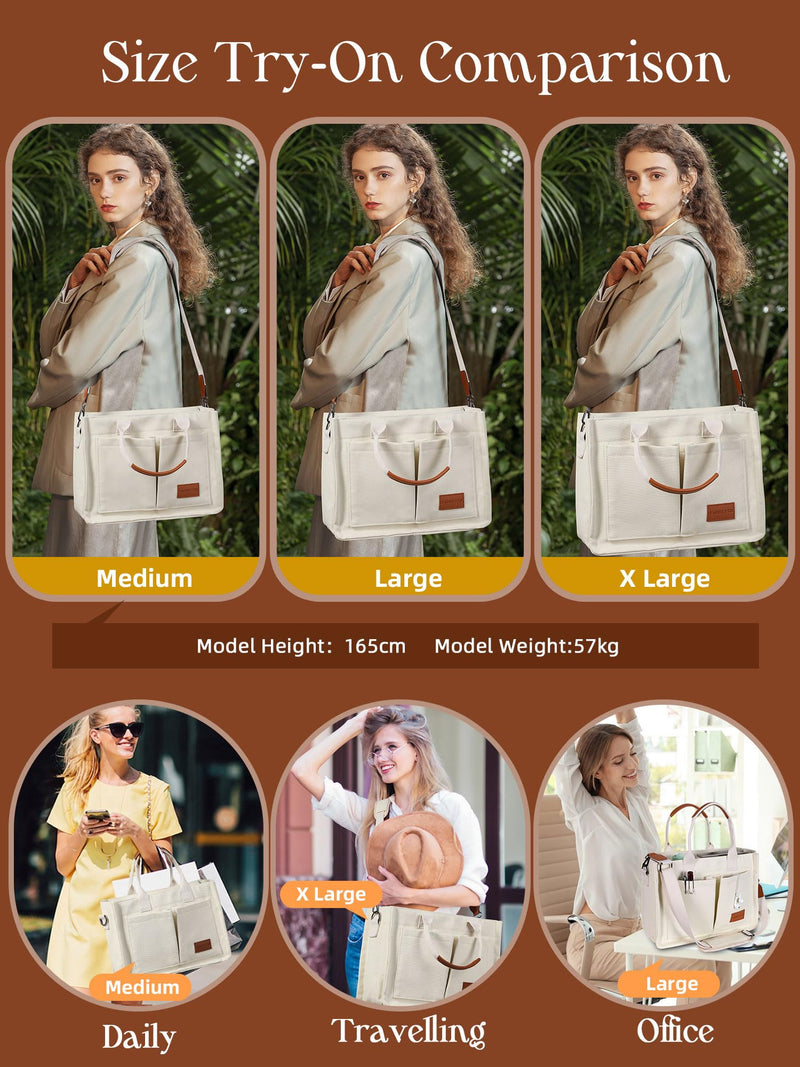 FIORETTO Canvas Tote Bag for Women with Zipper Closure & Individual Compartments for Work College, Crossbody Laptop Tote Purse Handbag with Detachable Strap & Bottom Support for Teacher & Nurse Beige