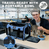 TSA Approved Pet Carrier for Kitten and Puppy, Cat Carrier Soft Fits Pets up to 13 lbs, Dogs Travel Bag with Bowl Foldable, Ideal for Travel, Car Rides, and Vet Visits (Blue, Cat Bowl Set)
