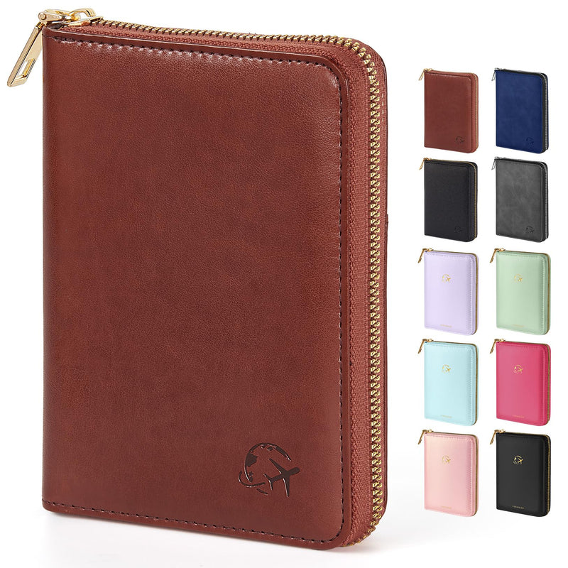 Forvencer Passport Holder Cover with Safe Zipper Closure, Premium Passport Wallet for Travel, Sleek RFID Blocking Card Case, Waterproof Travel Accessories for Men, Brown