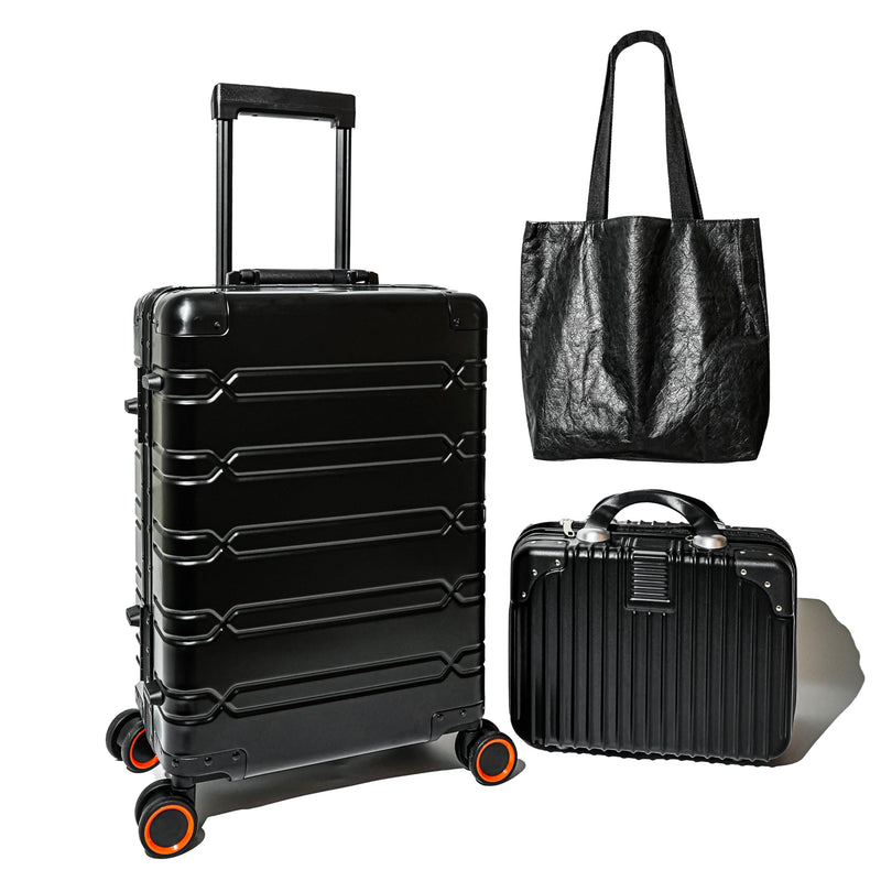 All Aluminum Carry On Luggage 22x14x9 Airline Approved, Zipperless Carry On Suitcase Hard Shell Carry On Luggage with Spinner Wheels, Black 3-Piece with14in Hand Tote Suitcase,Eco-friendly tote bag