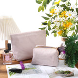 Huhumy 2 Pcs Makeup Bag Set Cute Cosmetic Pouch for Women Seersucker Travel Toiletry Bag Preppy Small Makeup Purse Pouch Aesthetic Skincare Brushes Storage Organizer for Valentine Women(Khaki)