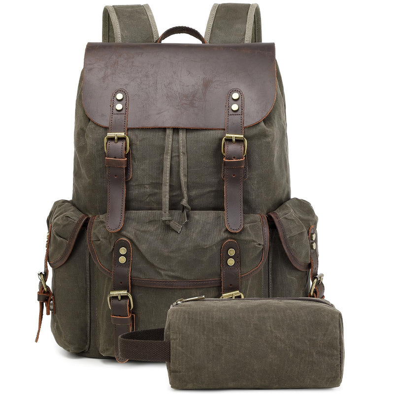 Yamons Genuine Leather Backpack for Men, Waxed Canvas Backpack Shoulder Rucksack with Toiletry Vintage Backpack for Travel,Camping, Hiking(Army Green)
