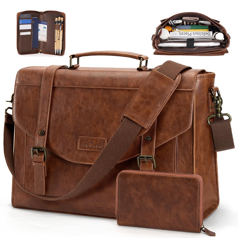 RAINSMORE Flap Messenger Bag for Men Vintage PU Vegan Leather Laptop Bag 15.6 Inch Professional Mens Briefcase Waterproof Satchel Bag Men with Card Purse Computer Bag for Work College Office Brown