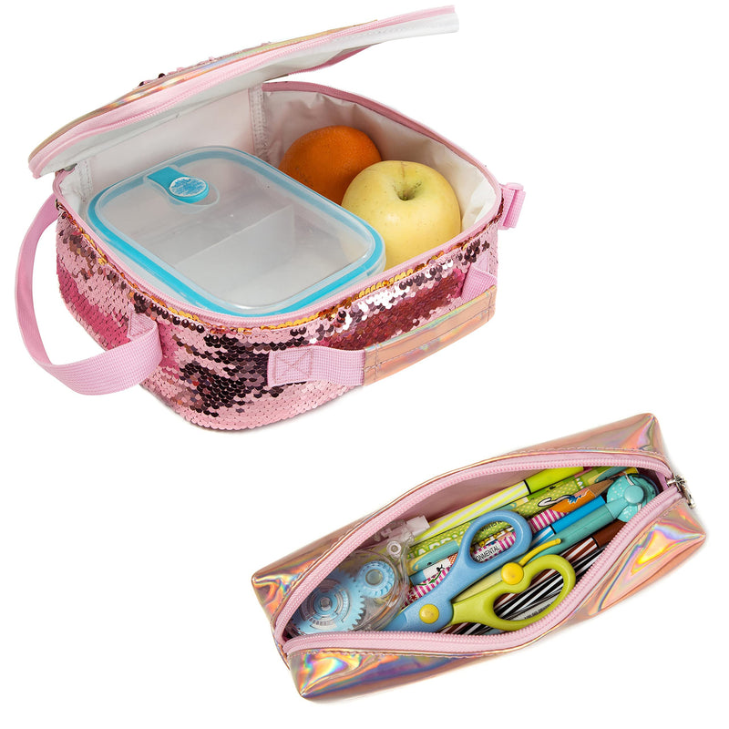 Meetbelify Backpack for Girls 16" 3pcs School Backpacks with Lunch Box for Elementary Students Travel Sequin Backpack