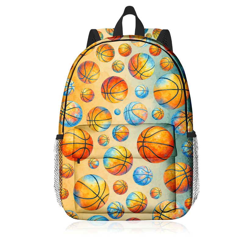 Kids Youth Basketball Backpack 16 Inch, School Bookbag for Boys Girls, Watercolor Orange Blue Print, Lightweight Polyester Daypack with Side Pocket, Front Zipper, Padded Straps, 15.4x11.8x4.7 in