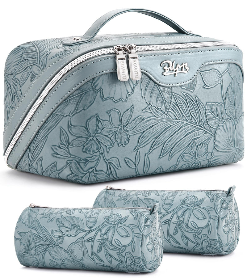 BOYATU Travel Makeup Bags Cosmetic Organizer Bag: 3 Pcs Set Large Capacity Floral Make up Bag with Compartments - Waterproof Leather Toiletry Bags with Handle for Women (01-Light Blue)