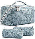 BOYATU Travel Makeup Bags Cosmetic Organizer Bag: 3 Pcs Set Large Capacity Floral Make up Bag with Compartments - Waterproof Leather Toiletry Bags with Handle for Women (01-Light Blue)