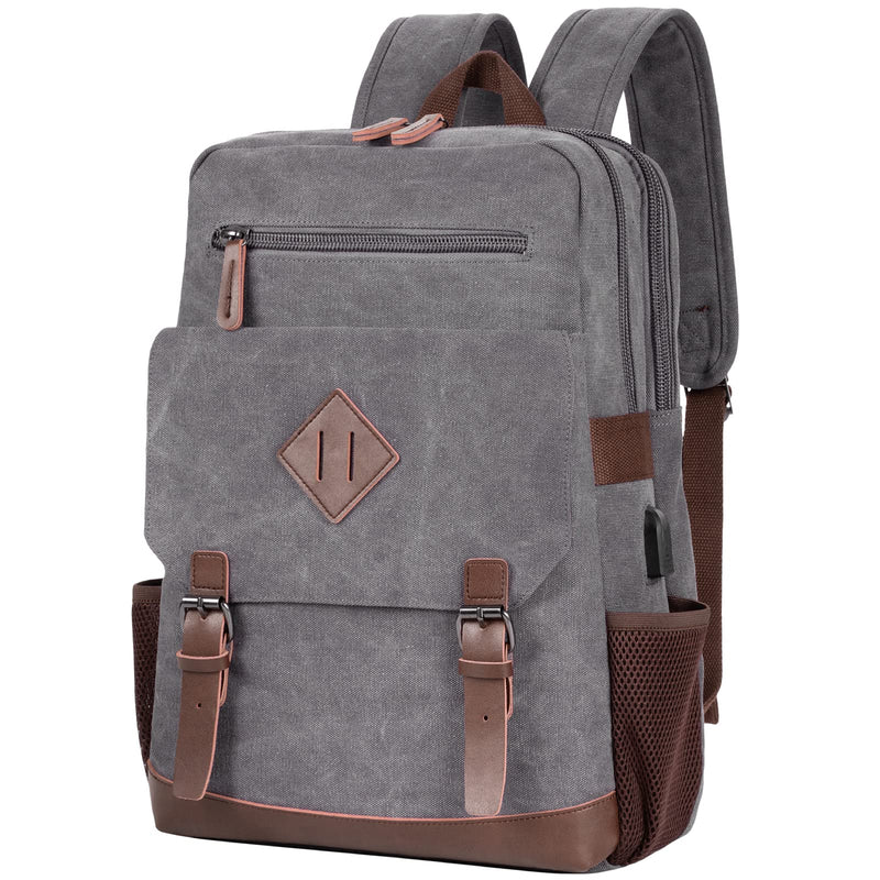 Modoker Eco-Friendly Vintage Backpack for Men Women, Canvas Bookpack Fits Most 15.6 Inches Computer and Tablets, Rucksack Backpack with USB Charging Port, Grey