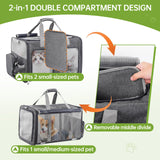 TOYSBOOM Cat Carrier for 2 Cats - Double Pet Carrier Extra Large, Dual Cabin Multi Cat Travel Carrier with Removable Divider, Collapsible, Can Hold 20 30 40 lbs for Two Small Kitten, a Medium Dog Gray