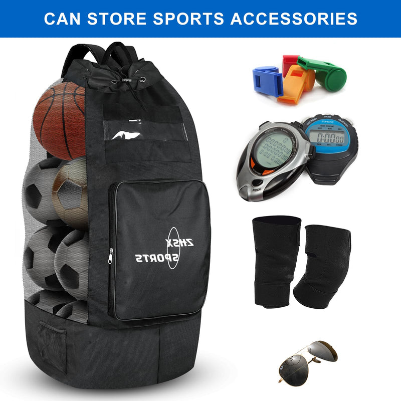ZHSX Soccer Ball Bag,Large Mesh Ball Bag Sports Equipment Net Bag With Drawstring Closure Shoulder Strap and Oversized Front Pocket Storage Basketball,Volleyball,Football Accessories (full black)