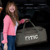 RTIC Road Trip Duffle Bag for Men and Women, Traveling Tote for Camp, Travel, Gym, Weekender, Camping, Overnight, Carry On, Sports, Spacious, Water Resistant, Medium, Olive & Beach