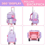 Meetbelify Girls Rolling Backpack with Wheels - Cute Kawaii Carry On Backpack for Elementary Students - Purple