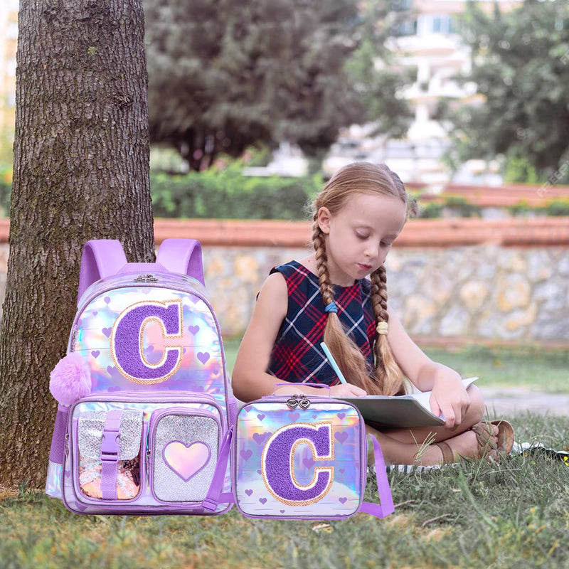 Meetbelify Backpack for Girls Backpacks with Lunch Box Pencil Case for Elementary Student Kids School Travel Bag for Girls Ages 6-8 Years Old Purple C