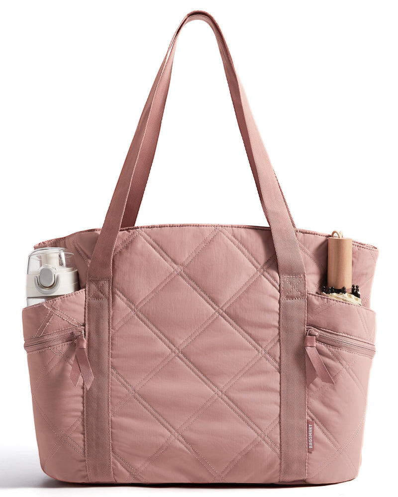 BAGSMART Crush Tote Bag for Women, 20L Puffer Work Tote with Zipper, Travel Essentials Quilted Nurse Hospital Bag, Brier Rose