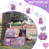 Meetbelify Kids Rolling Backpack with Wheels for Girls Rolling Backpacks with Lunch Box for Elementary School Students 3 in 1 Travel Luggage Suitcase for Girls Age 8-10