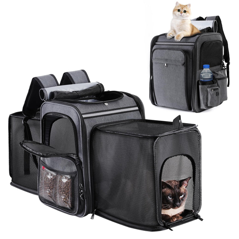GROXKOX Cat Backpack Carrier,Double Side Expandable Cat Carrier Backpack,Dog Carrier Backpack for Medium Cats and Small Dogs,Puppies Up to 20 Lbs,Pets Carrier Backpack with Breathable Mesh(Grey)