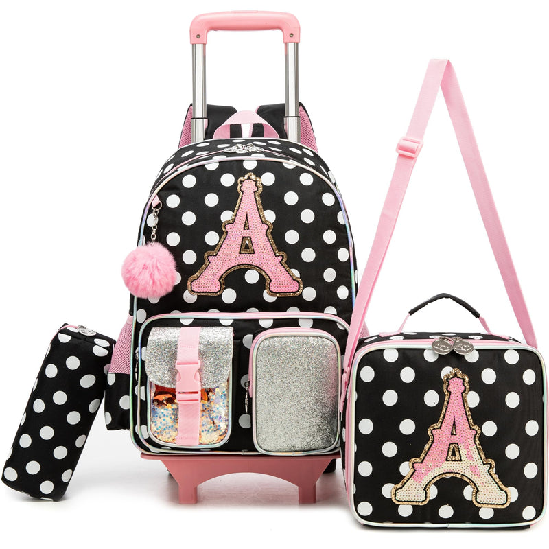 Meetbelify 3 in 1 Backpack with Wheels for Girls Rolling Letter Backpack Cute Carry on Backpacks Kids Luggage with Lunch Box Pencil Case for Elementary Student