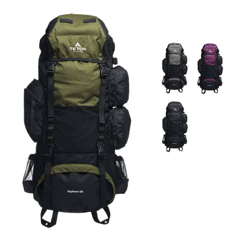 Teton 65L Explorer Internal Frame Backpack for Hiking, Camping, Backpacking, Rain Cover Included, Olive