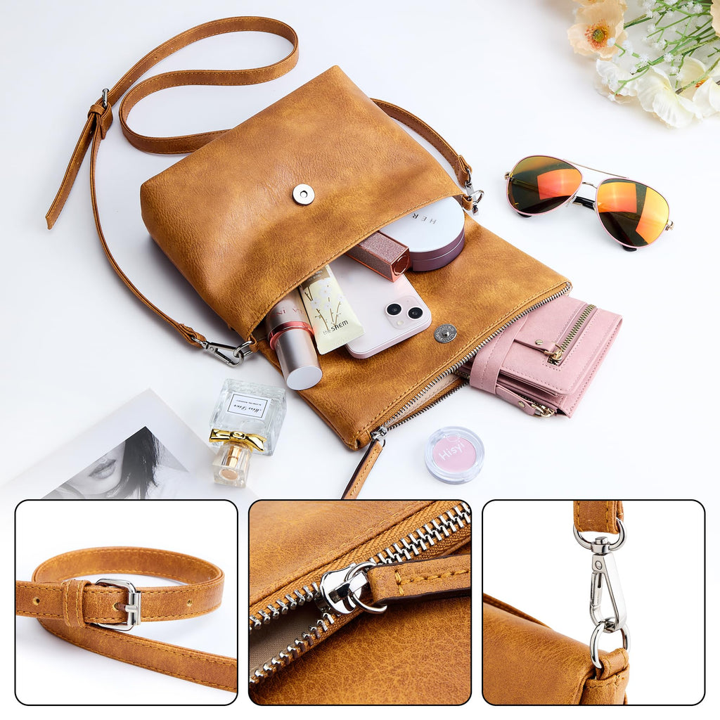 KALIDI Small Women's Shoulder Bags Vegan PU Leather Handbag Crossbody Shoulder Bag Anti-Theft Multiple Pockets with Adjustable Removable Shoulder Strap, Ginger, S