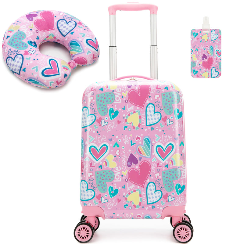 Esteemly Kid's Luggage Set 16inch 2 Piece Suitcase Set Hardside Luggage with Spinner Wheels Girls Carry on Toddler Travel Rolling Suitcase with Neck Pillow Airline Approved