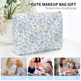 senbowe Floral Makeup Bag, 3 Pack Large Cotton Quilted Makeup Bag Set, Cute Floral Coquette Aesthetic Toiletry Bag Make Up Cosmetic Bag for Women, Toiletry Travel Make Up Organizer Bag