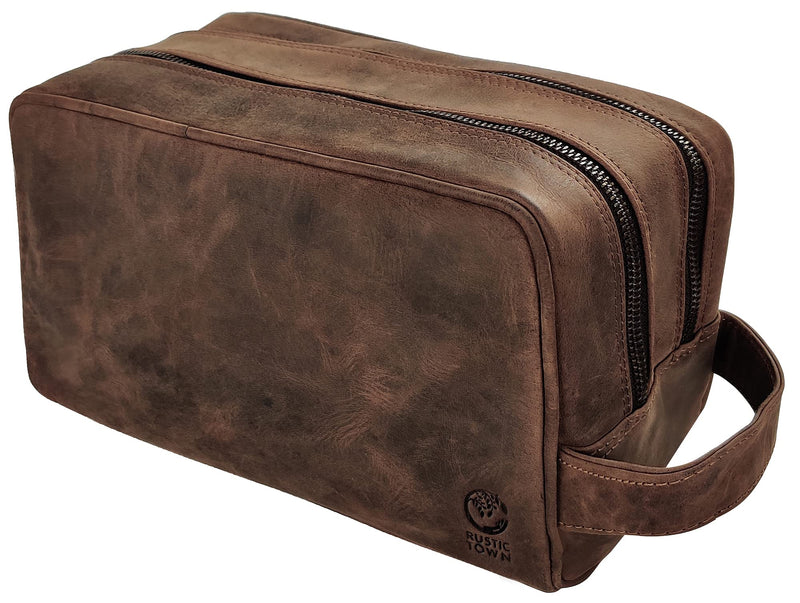 RUSTIC TOWN Full Grain Leather Travel Toiletry Bag - Cosmetic Ditty Kit Organizer (Dark Brown)
