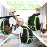 Hsmihair Baseball Bag - Baseball Backpack Holder for Baseball, Large Main Compartment,T-Ball & Softball Equipment & Gear for Youth and Adults,Holds Bats, Helmet, Gloves (Green)