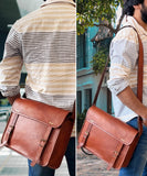 RUSTIC TOWN Leather Messenger Bag for Men Women - Full Grain Leather Laptop Satchel Office Shoulder Bag (14 Inch, Brown)