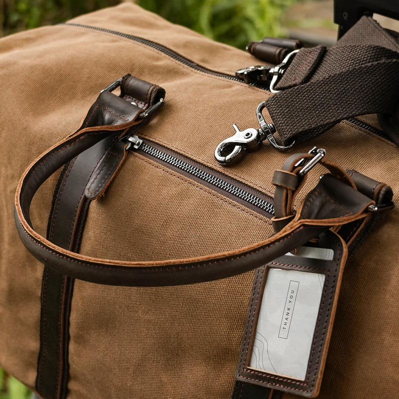 Polare 22” Waxed Canvas Cowhide Leather Travel Duffel Bag Waterproof Overnight Carry on Luggage Duffle 40L Sports Gym Weekender Bag