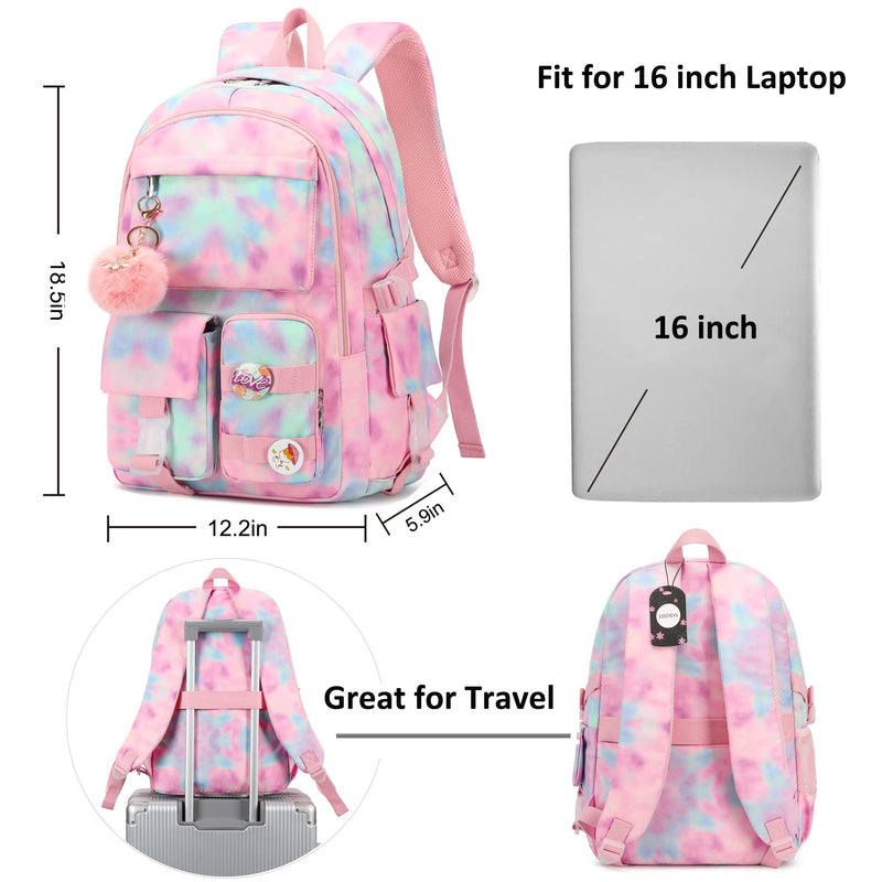 Hidds Laptop Backpacks 15.6 Inch College Backpack Elementary Middle High School Book Bag Kids Cute Bookbags Anti Theft Travel Back Pack Casual Daypack for Teens Girls Women Students (Tie-Dye Pink)