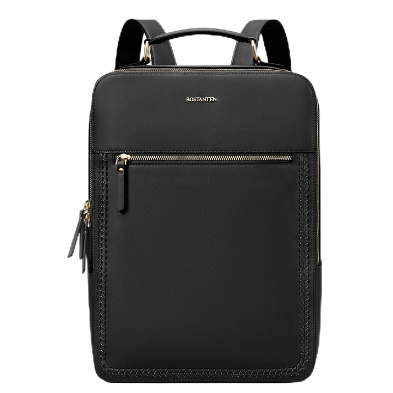 BOSTANTEN Leather Backpack 15.6 inch Laptop Bag Travel Casual Computer Backpack College Business Work Shoulder Bags with Trolley Sleeve for Women Men Black