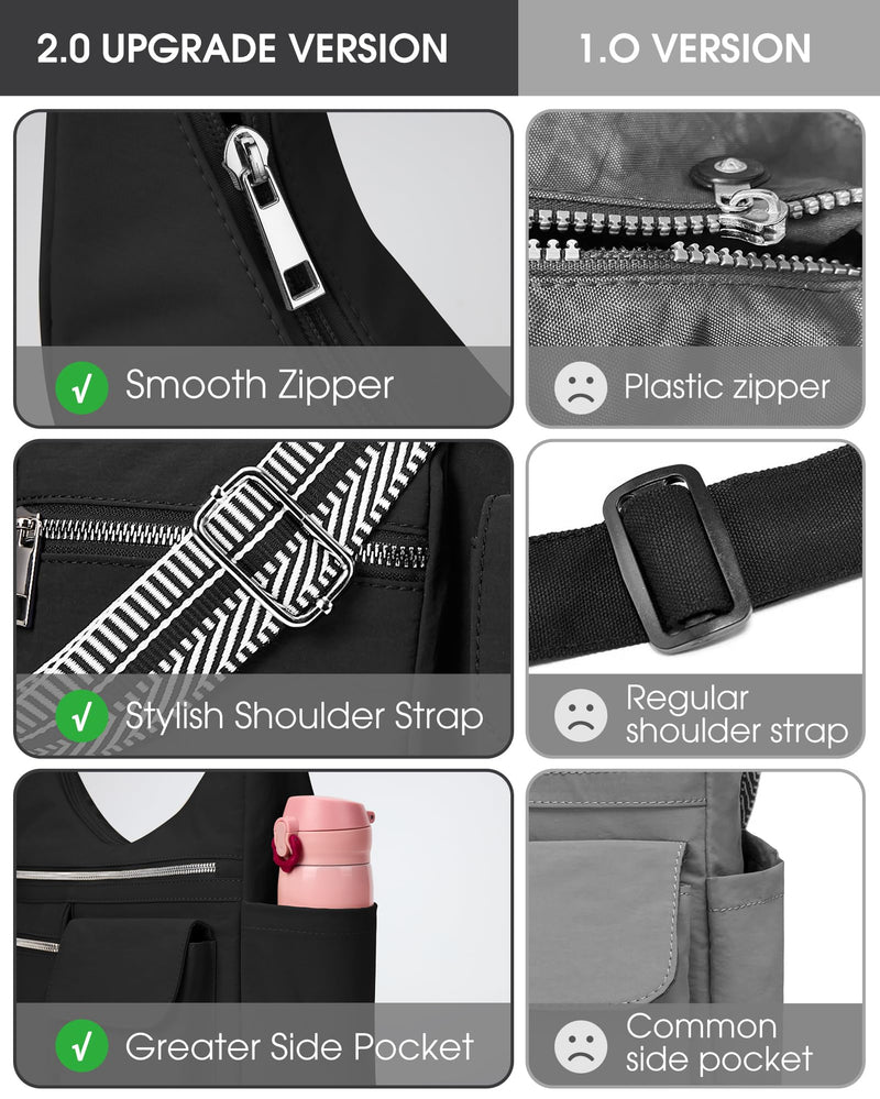 KALIDI Nylon Crossbody Bags for Women Trendy Cross Body Purse with Multiple Pockets For Ladies Casual Work Travel, Black