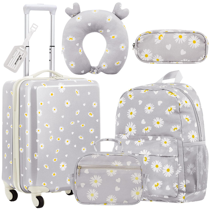 Redbaker 17 Inch 6 Pcs Kids Luggage Set Kids Rolling Luggage Double Pattern Suitcase for Boys Girls (Grey, Daisy Style)