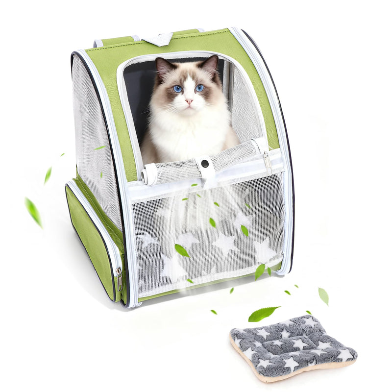 Green Cat Backpack Carrier with Washable Crate Bed Mat Breathable Cat Carrier Large Space for Medium Small Dog Puppy Kitty Bunny Ventilated Mesh Pet Backpack for Cats Travel Hiking Walking Outdoor Use
