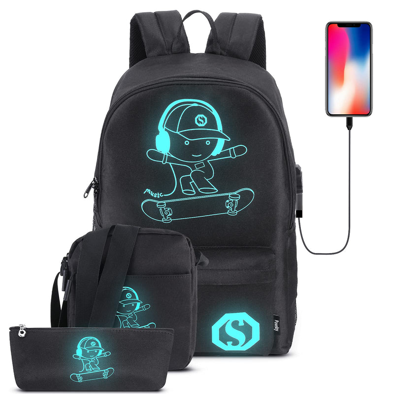 Pawsky Skateboard Anime Luminous School Backpack with USB Charging Port, Anti Theft Lock, Sling Bag & Pencil Case for Teen Boys and Girls, College Bookbag Lightweight Laptop Bag, Black