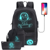 Pawsky Skateboard Anime Luminous School Backpack with USB Charging Port, Anti Theft Lock, Sling Bag & Pencil Case for Teen Boys and Girls, College Bookbag Lightweight Laptop Bag, Black
