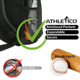 Athletico Youth Baseball Bag - Bat Backpack for Baseball, T-Ball & Softball Equipment & Gear | Holds Bat, Helmet, Glove | Fence Hook (Black)