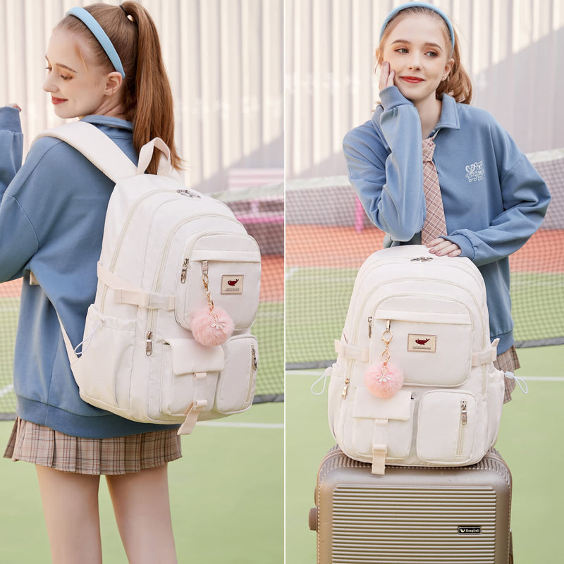Laptop Backpack 15.6 Inch Elementary Middle High School Bag College Backpacks with Lunch Box Pencil Pouch 3 PCS Set Travel Bookbags for Teens Girls Women Students (Off-white)