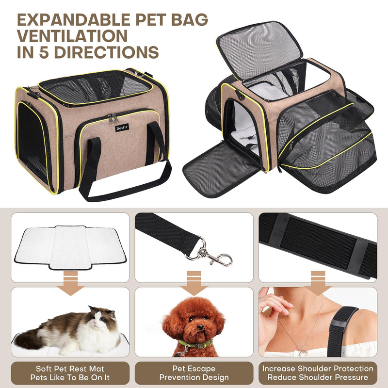 Premium Pet Carrier – Dog & Cat Travel Bag, Airline Approved, Soft-Sided Design for Small to Large Pets, TSA Compliant, Expandable & Collapsible (Brown)
